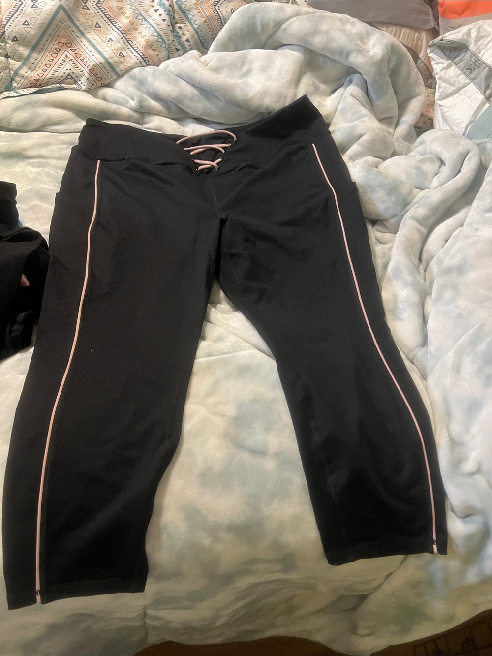 torrid Black Capri Leggings with Pink Trim and Lace-Up Waist